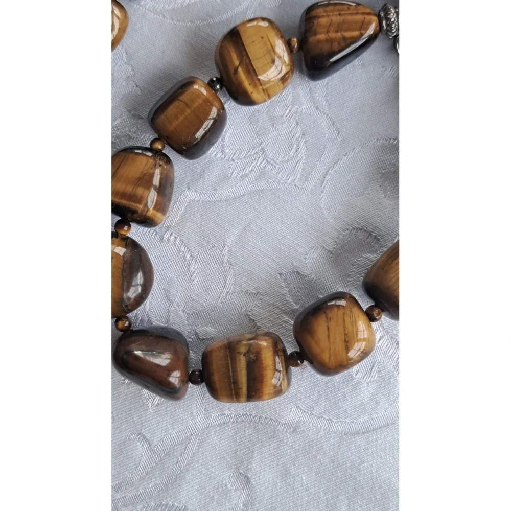 Fashion Jewelry Gemstone Tiger's Eye Beaded Necklace Sterling Silver Clasp